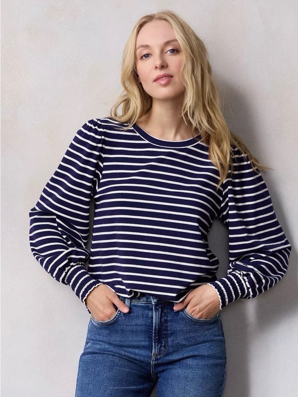 LC Lauren Conrad Navy Blue‎ White Striped Smock Cuff Relaxed Top Medium NWT